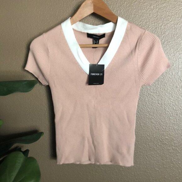 Forever 21 Mauve Ribbed V-Neck Shirt M - Picture 1 of 3